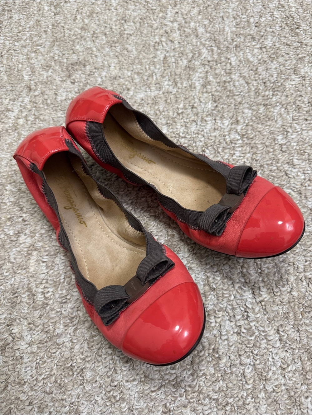 Salvatore Ferragamo Red Patent Cap-Toe Bow Ballet Flats